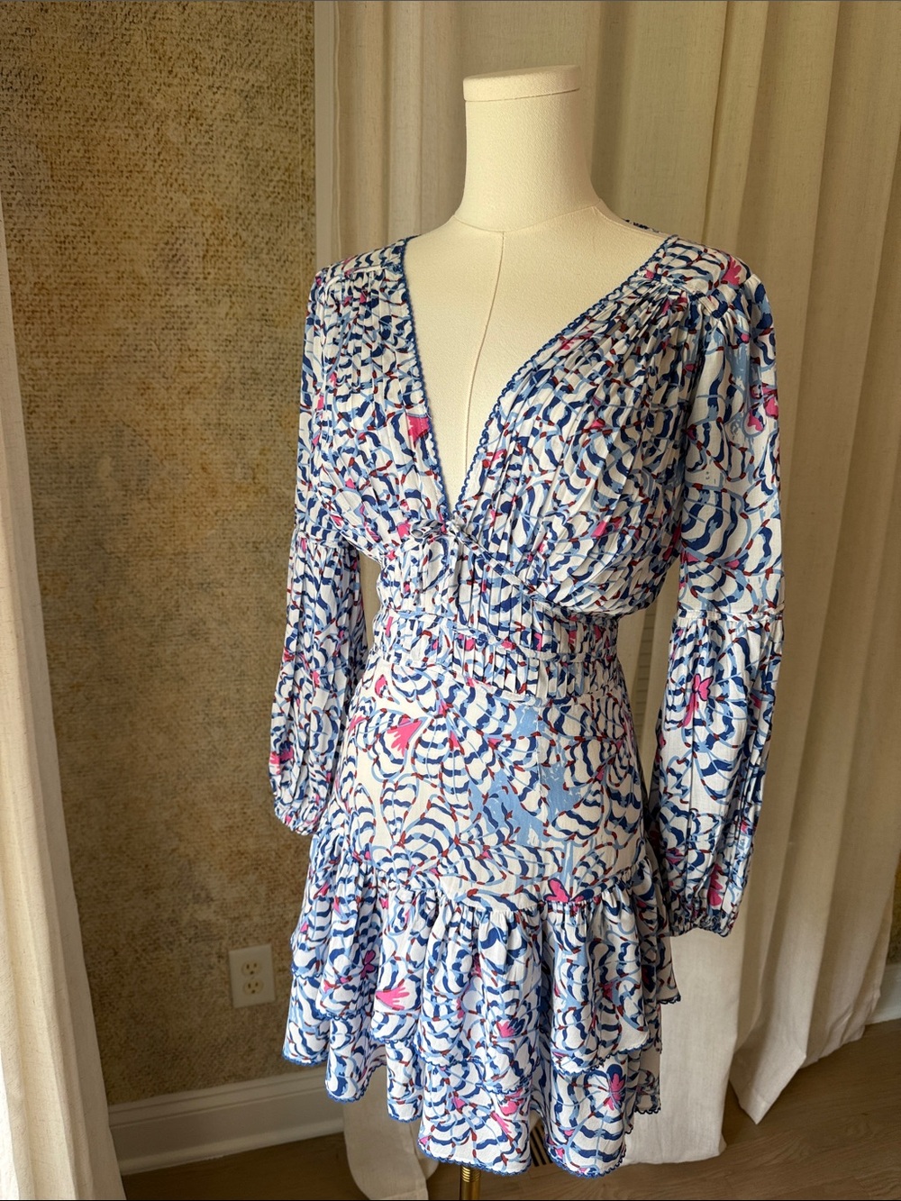 Poupette St. Barth Chiara Printed Ruffled mini Dress in blue wings flower